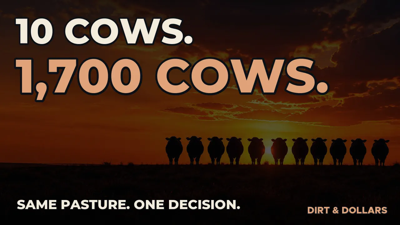 Ten cattle silhouetted on a ridge at sunset under the words 10 cows, 1,700 cows